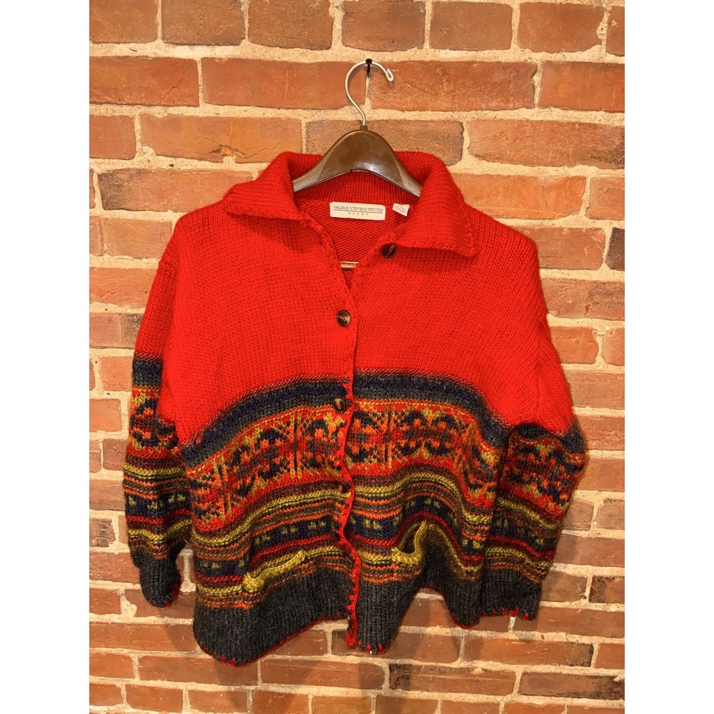 Valerie‎ Stevens Petites Sport Red Fair Isle Nordic Wool Cardigan PM